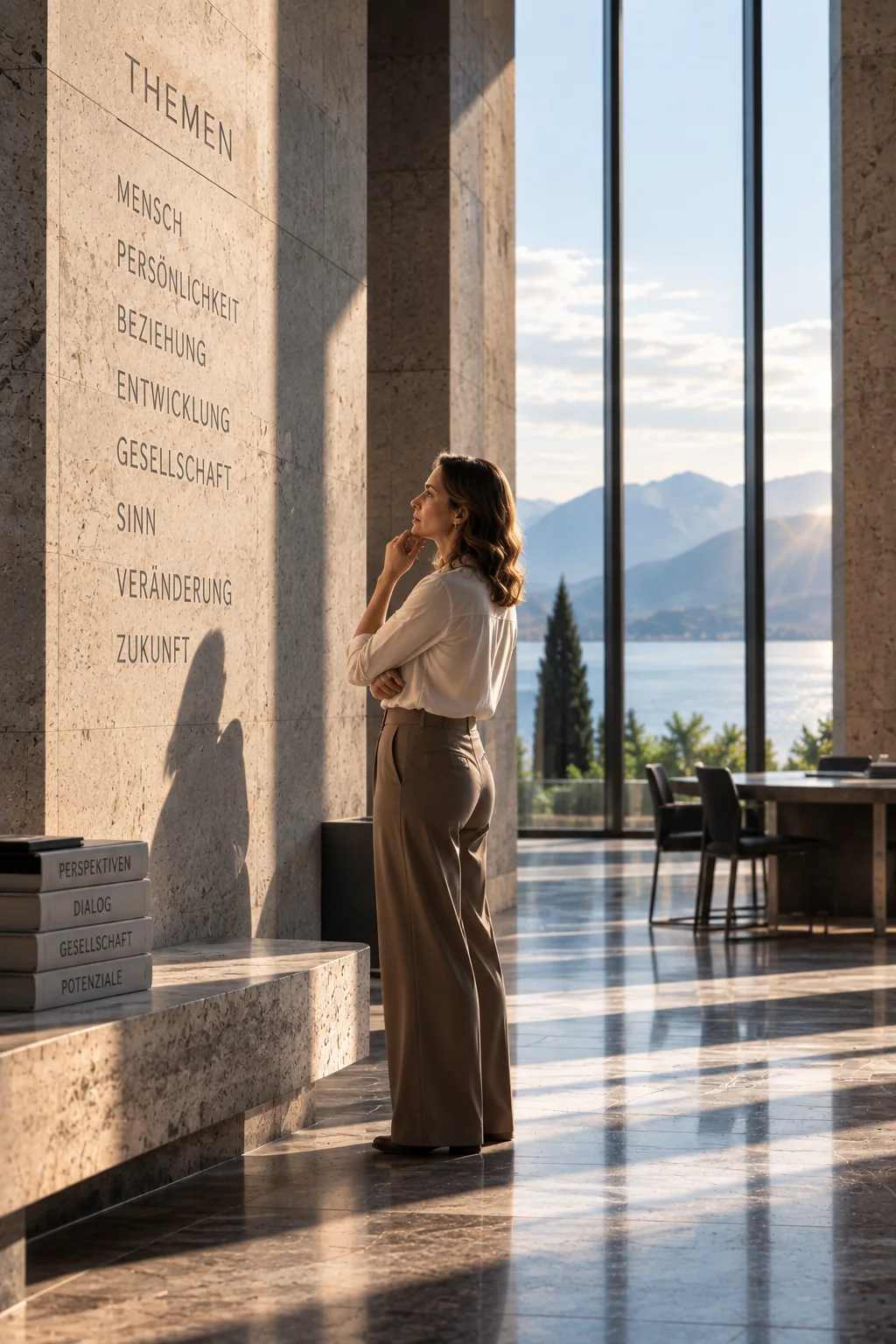 Nachdenkliche Frau vor einer Themenwand in moderner Architektur – Sinnbild für Mensch, Persönlichkeit, Beziehung, Entwicklung und gesellschaftliche Zusammenhänge.