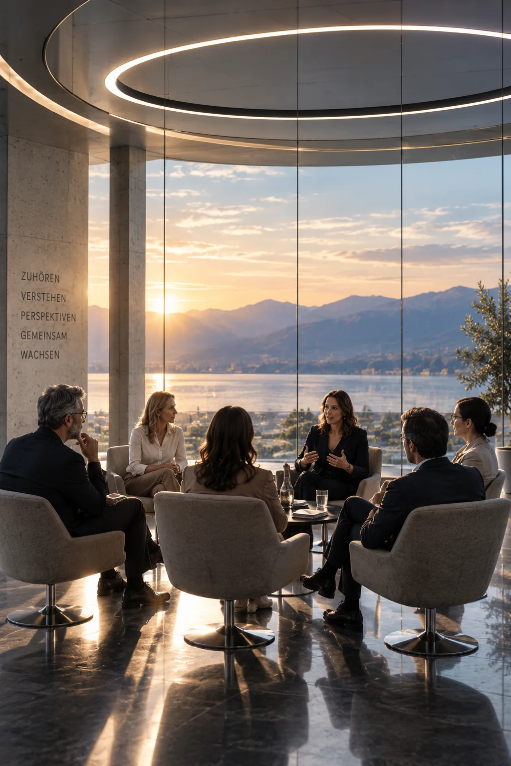Gemischte Gruppe Erwachsener im gemeinsamen Dialog in einem modernen Seminarraum – Sinnbild für Beziehung, Zuhören, unterschiedliche Perspektiven und gegenseitiges Verstehen.